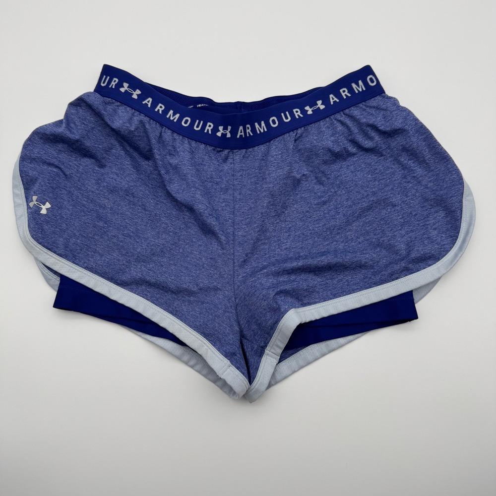 Under Armour Womens HeatGear 2-in-1 Running Shorts Blue Heathered Small 1305970